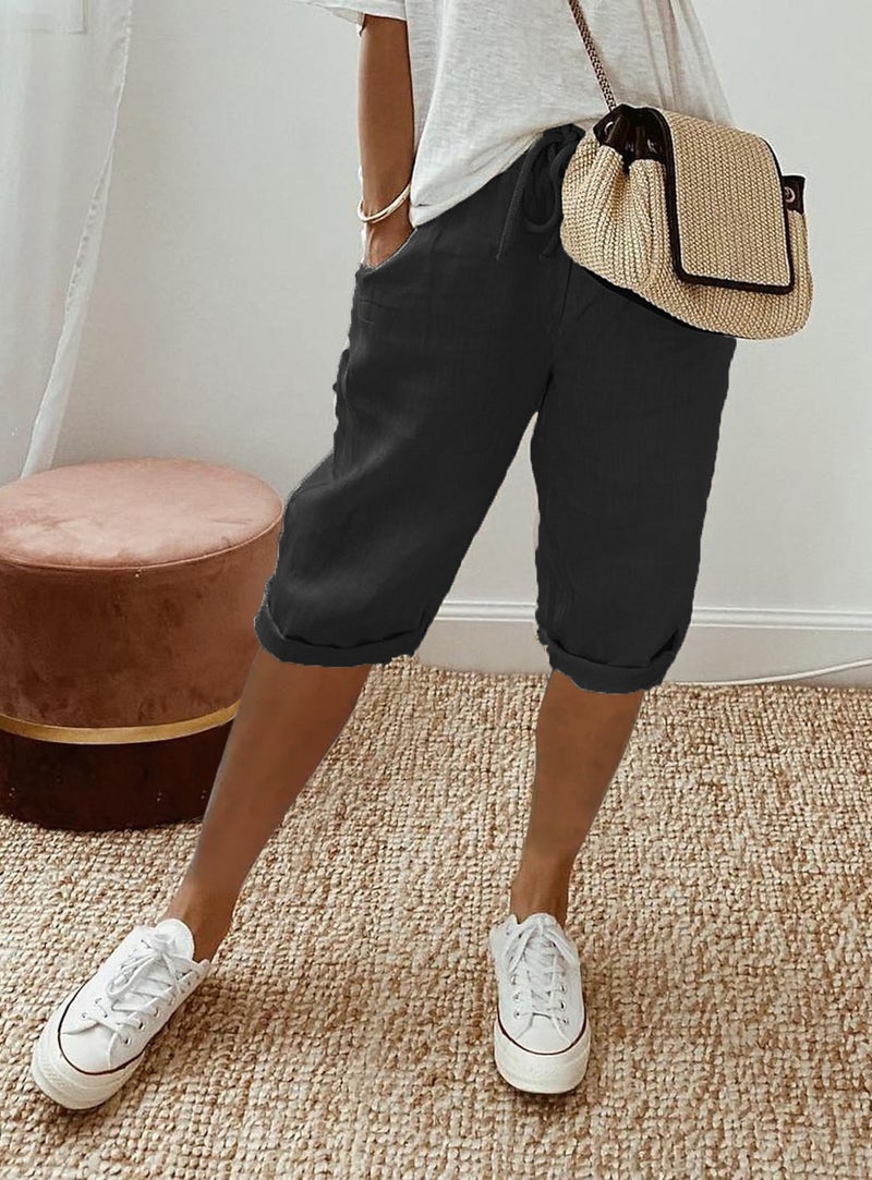 Women's Cotton Linen Mid-Rise Casual Capri Pants with Pockets - Loose Fit, Commuter Style, Spring 2023