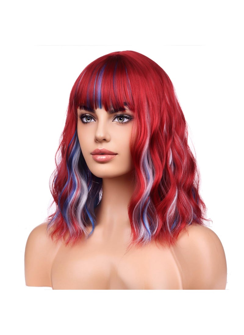 BERON BERON 14 Inches Red White and Blue Wig for Women Short Curly Wig Red White and Blue Wig with Bangs Bob Wig for Daily Party Wig Cap Include 