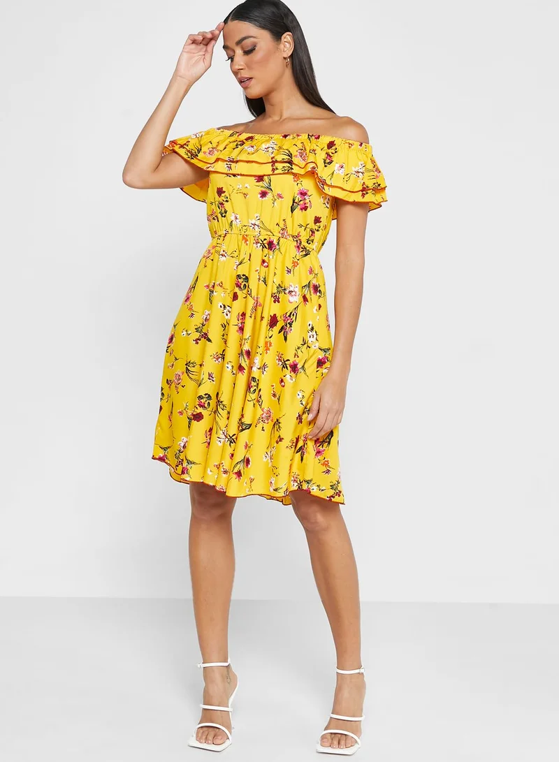 THE VANCA Bardot Ruffle Floral Printed Dress