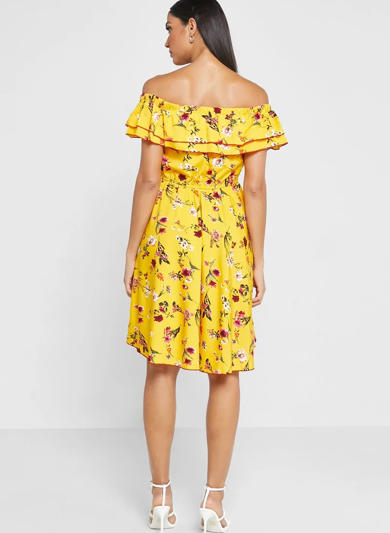 THE VANCA Bardot Ruffle Floral Printed Dress