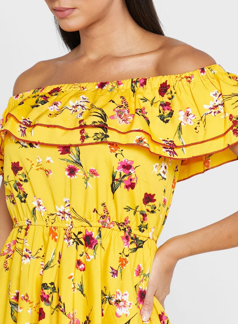 THE VANCA Bardot Ruffle Floral Printed Dress