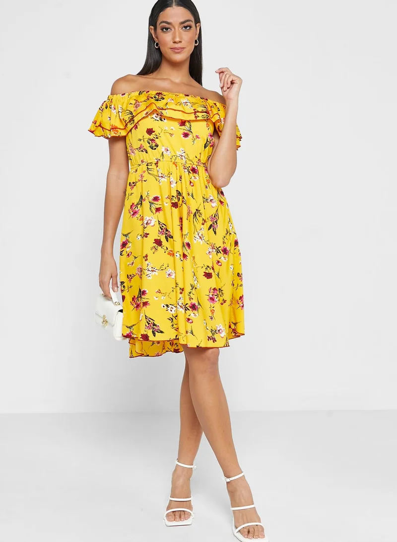 THE VANCA Bardot Ruffle Floral Printed Dress