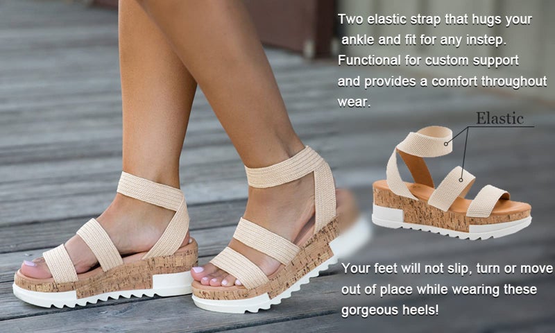 Athlefit Women's Casual Cork Platform Wedge Sandals Open Toe Elastic Ankle Strap Flatform Sandals for Summer, Beige, Size 6.5, AD00102 - Image 5