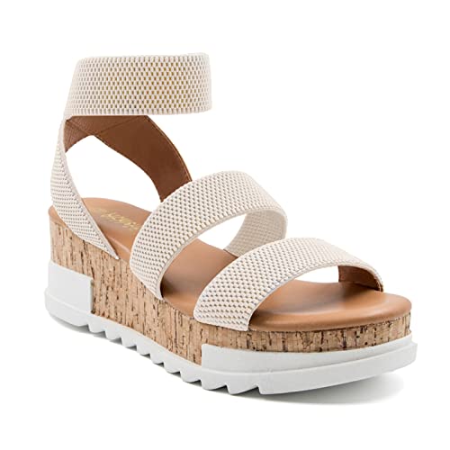 Athlefit Women's Casual Cork Platform Wedge Sandals Open Toe Elastic Ankle Strap Flatform Sandals for Summer, Beige, Size 6.5, AD00102 - Image 1
