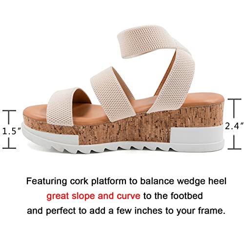 Athlefit Women's Casual Cork Platform Wedge Sandals Open Toe Elastic Ankle Strap Flatform Sandals for Summer, Beige, Size 6.5, AD00102 - Image 4