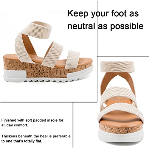 Athlefit Women's Casual Cork Platform Wedge Sandals Open Toe Elastic Ankle Strap Flatform Sandals for Summer, Beige, Size 6.5, AD00102 - Image 3