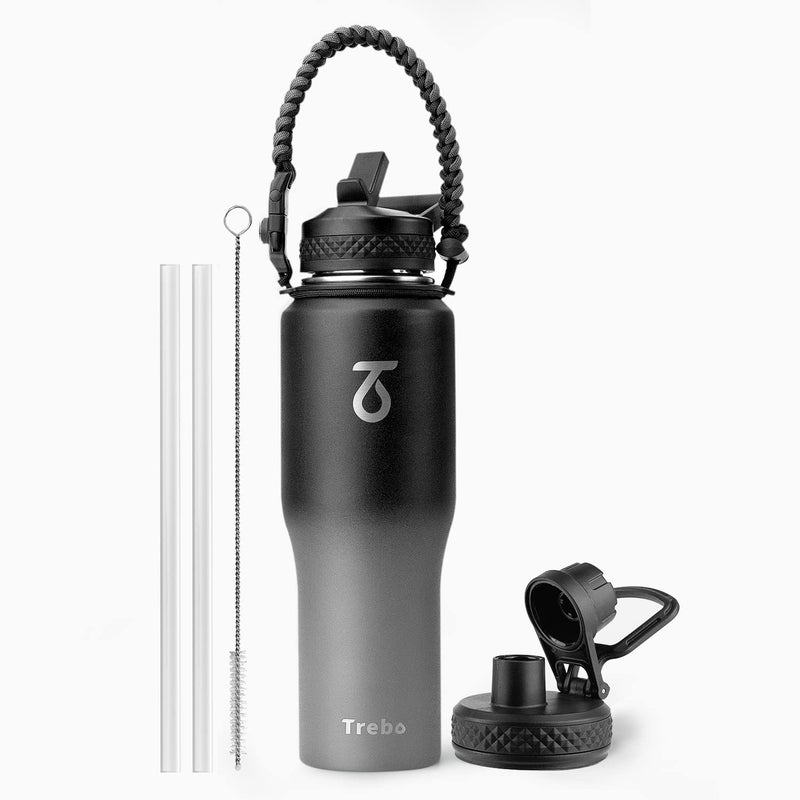 Trebo Water Bottle 32oz with Paracord HandleFoodgrade Double Wall Vacuum Stainless Steel Insulated Tumbler Flask with Straw Spout LidsLeakproof Keep Cold  HotFit in Any Car Cup HolderDark Gray
