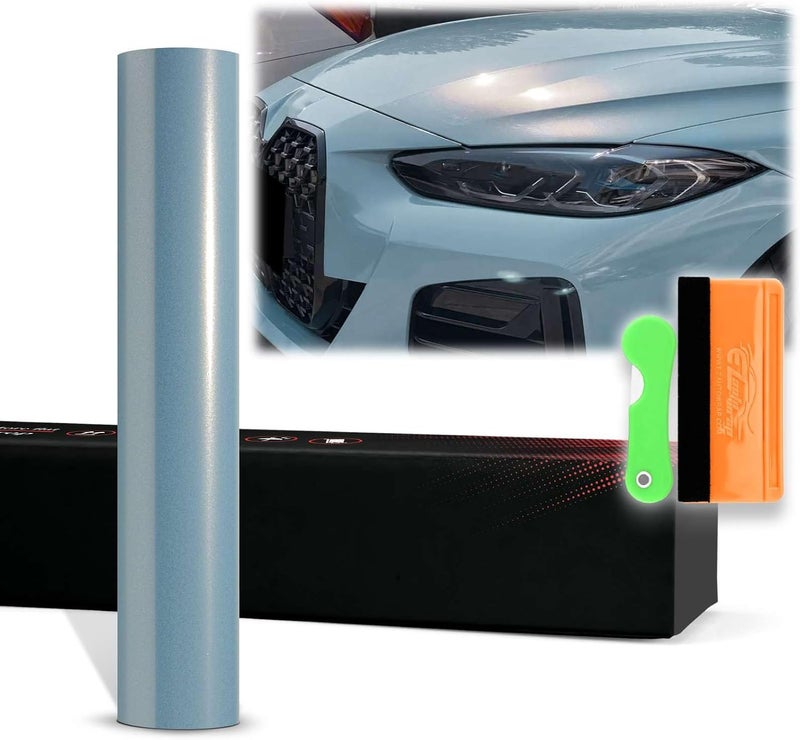 EZAUTO WRAP 12"x60" (قدم واحد × 5 أقدام) فيلم تغليف سيارات ذاتي اللصق من الفينيل فائق اللمعان المعدني باللون الأزرق الكريستالي PET، تقنية إزالة الهواء الخالية من الفقاعات مع مجموعة الأدوات - Image 1