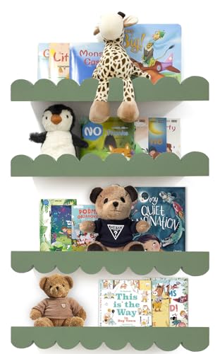 icnjdMopclean Scalloped Shelves for Nursery - Wall Book Shelves for Bedroom Kids, Nursery Bookshelf for Wall Set of 4, Floating Book Shelves Solid Wood,16 Inch, Sage - Image 1