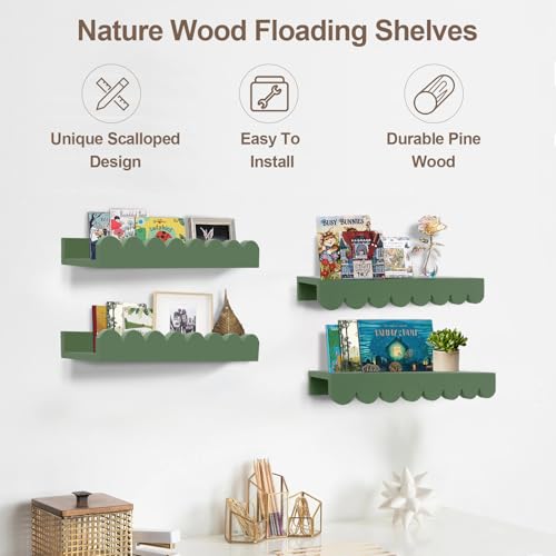 icnjdMopclean Scalloped Shelves for Nursery - Wall Book Shelves for Bedroom Kids, Nursery Bookshelf for Wall Set of 4, Floating Book Shelves Solid Wood,16 Inch, Sage - Image 2