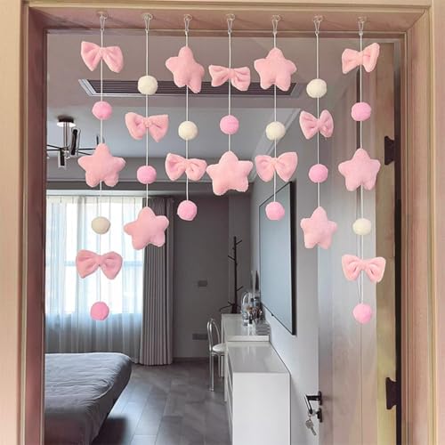 HASTHIP® 7Pcs DIY Pink Plush Hanging Garland Set with Suction Cups, Stringed Decorative Door Hanging Ornament, Soft Star Bow & Pom-Pom Decorative Garlands, Pastel Nursery Door Decor - Image 1