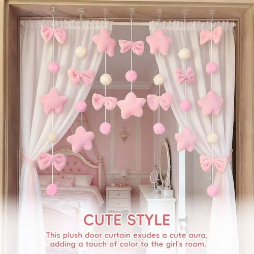 HASTHIP® 7Pcs DIY Pink Plush Hanging Garland Set with Suction Cups, Stringed Decorative Door Hanging Ornament, Soft Star Bow & Pom-Pom Decorative Garlands, Pastel Nursery Door Decor - Image 4