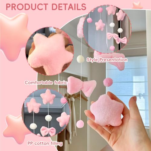 HASTHIP® 7Pcs DIY Pink Plush Hanging Garland Set with Suction Cups, Stringed Decorative Door Hanging Ornament, Soft Star Bow & Pom-Pom Decorative Garlands, Pastel Nursery Door Decor - Image 3