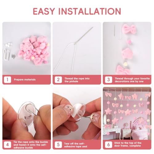 HASTHIP® 7Pcs DIY Pink Plush Hanging Garland Set with Suction Cups, Stringed Decorative Door Hanging Ornament, Soft Star Bow & Pom-Pom Decorative Garlands, Pastel Nursery Door Decor - Image 5