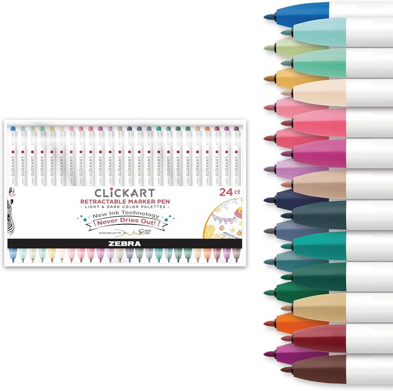 ZEBRA PEN ClickArt Retractable Marker Pen, Fine Point, 0.6mm, Assorted Light & Dark Ink Colors, 24-Pack, 69824 - Image 1