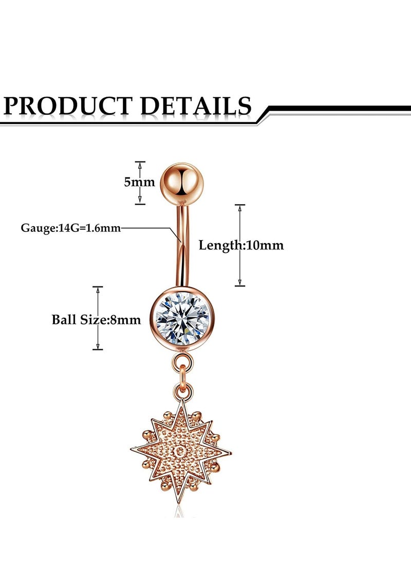 Barakah Belly Button Rings, 8 Pcs 14G Stainless Steel Long Dangle Navel Ring CZ Body Piercing Jewelry for Women(Gold) - Image 2