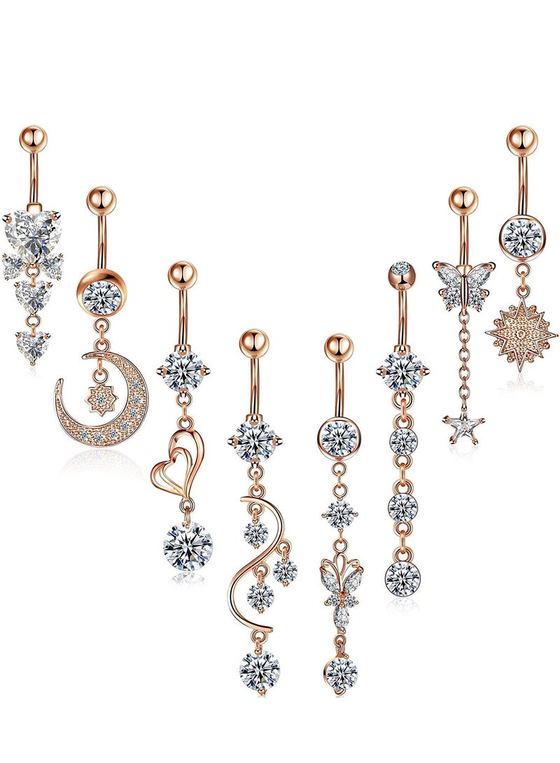 Barakah Belly Button Rings, 8 Pcs 14G Stainless Steel Long Dangle Navel Ring CZ Body Piercing Jewelry for Women(Gold) - Image 1