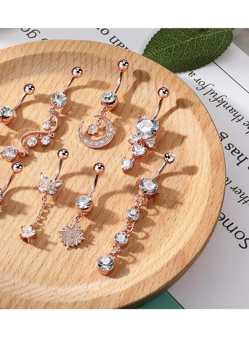 Barakah Belly Button Rings, 8 Pcs 14G Stainless Steel Long Dangle Navel Ring CZ Body Piercing Jewelry for Women(Gold) - Image 5