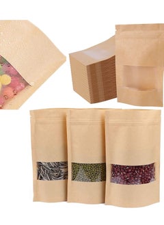 Y&D Kraft Paper Pouch, Reusable Grip Food Seal Bags, Zip Lock Stand Up Bags Pouches with Matte Window, Storage Packing Bag for Coffee Bean Tea Leaf and Snacks 50 Pack (8.6 * 5.5inch) 