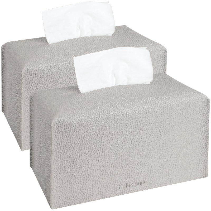 2Pcs Tissue Box Cover Holder Rectangular with Bottom Belt  PU Leather Tissue Cover Decorative Organizer for Tabletop Bathroom Car Office95X5X5 Inch  Light Gray