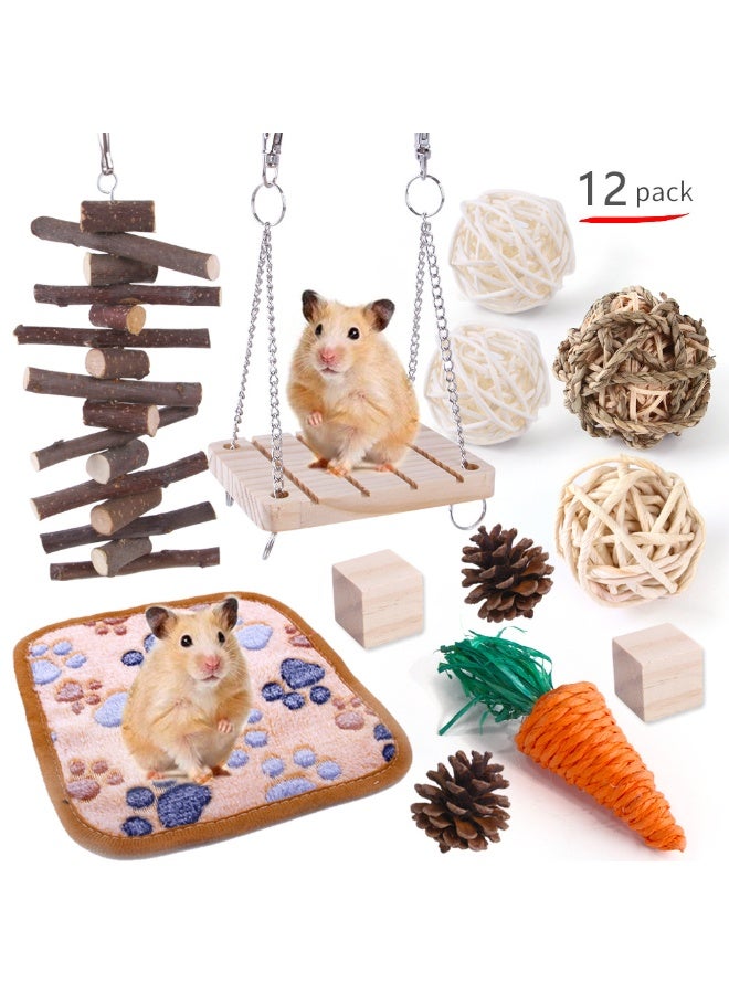 12-Piece Hamster Toy Set - Fun and Safe Chew Toys for Hamsters, Rabbits, and Parrots - Includes Wooden Chew Toys, Suitable for Small Pets - Image 1