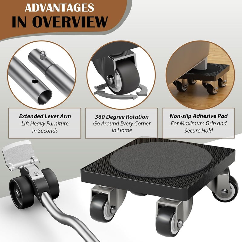 ONEON Furniture Movers with Wheels & Lifter Kit by , 1 1/4" Gentle Wheels Made of TPE, 500 LB Max Load Capacity, Furniture Dolly for Moving Heavy Furniture Tool Set (Square) - Image 2