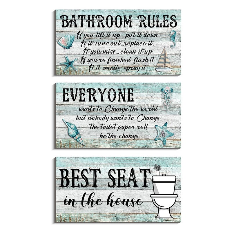 COLOR VALLEY ART Teal Bathroom Decor Wall Art Accessories Bathroom Signs Wood Wall Hanging Blue Nautical Beach Theme Farmhouse Decoration for Toilet Restroom Washroom 