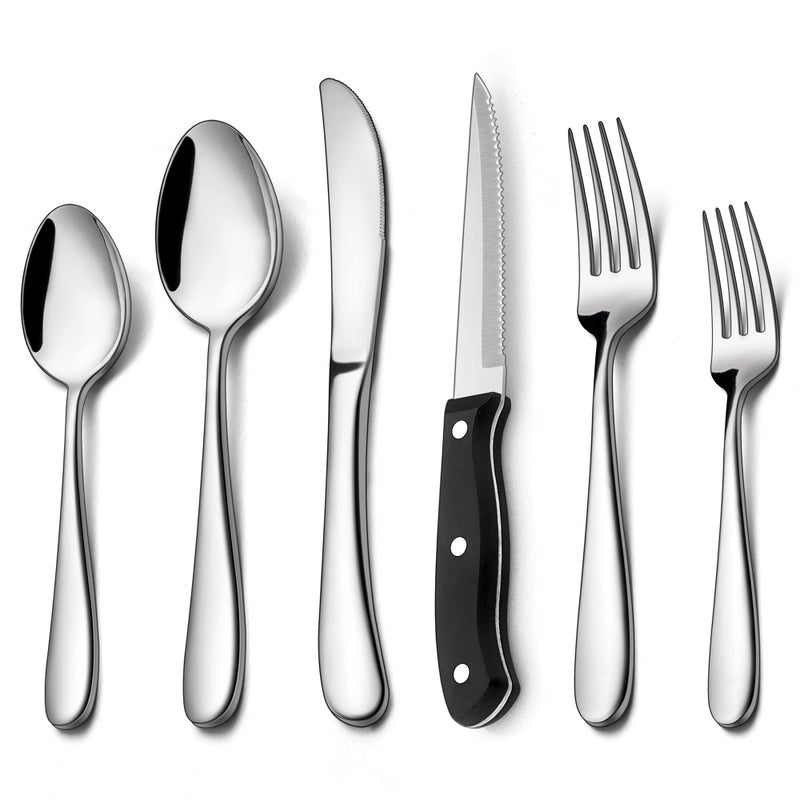 24Piece Heavy Duty Silverware Set for 4 LIANYU Fancy Stainless Steel Flatware Set with Steak Knives Thick Cutlery Eating Utensils Include Forks Knives Spoons Mirror Finished Dishwasher Safe