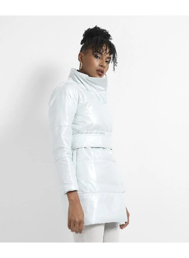 Pinacolada  Women's Powder Blue Patent Long Puffer Jacket for Women | Best Price UAE