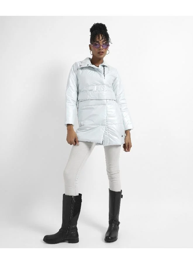 Pinacolada  Women's Powder Blue Patent Long Puffer Jacket for Women | Best Price UAE