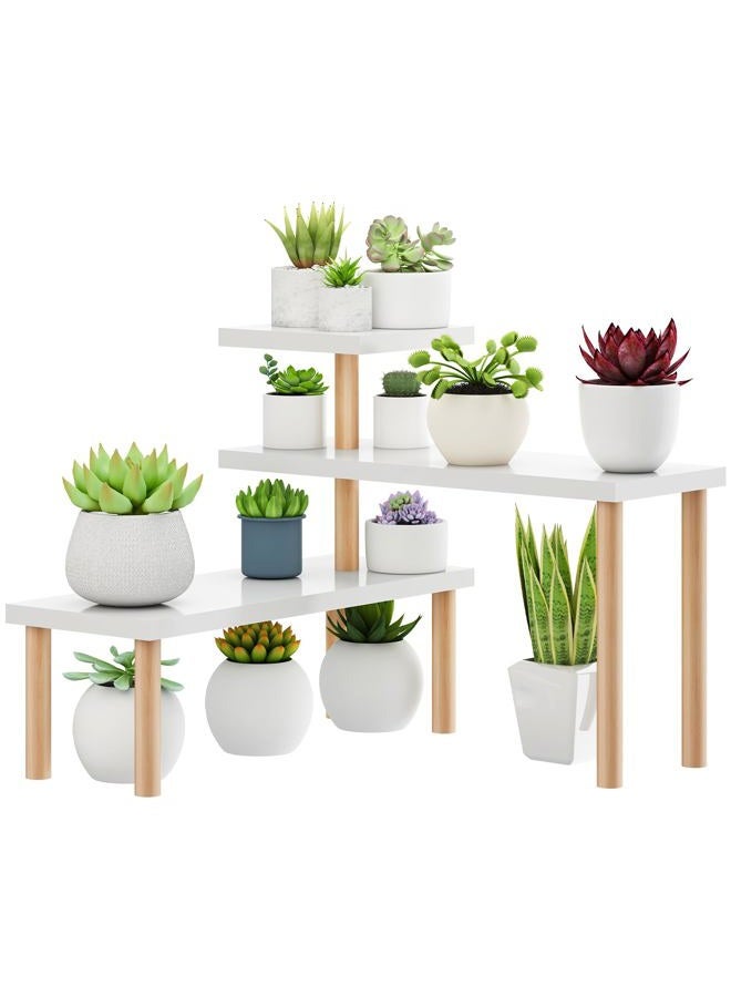 OcBuct Small Plant Stand Shelf,3 Tiers Wood Long Desktop Flower Pot Holder Racks for Window Sill,Table,Countertop Organizer Display Stand Shelves (Angle Adjustable,White) - Image 1