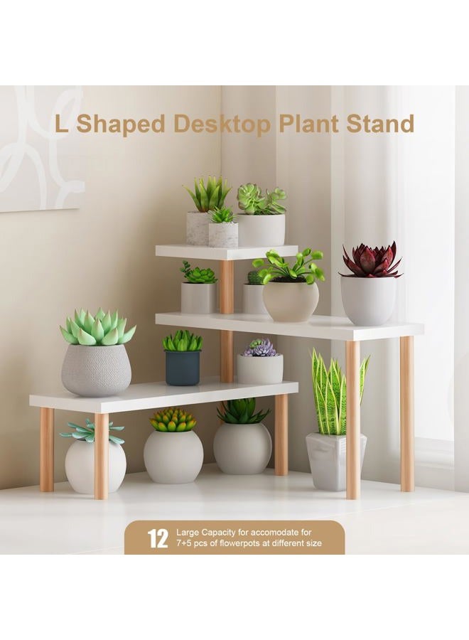 OcBuct Small Plant Stand Shelf,3 Tiers Wood Long Desktop Flower Pot Holder Racks for Window Sill,Table,Countertop Organizer Display Stand Shelves (Angle Adjustable,White) - Image 3