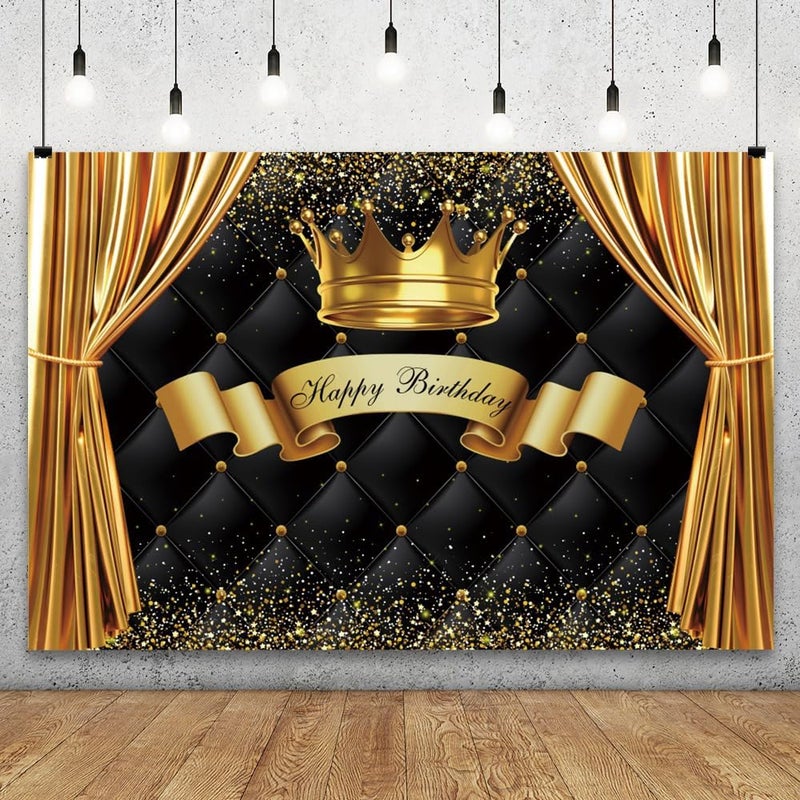 YongFoto Baby Kids Happy Birthday Backdrop 7x5ft Royal Gold Crown Curtain Black Headboard Background Birthday Party Banner Cake Table Decor Portraits Photoshoot Wallpaper Photo Studio Booth Props - Image 2
