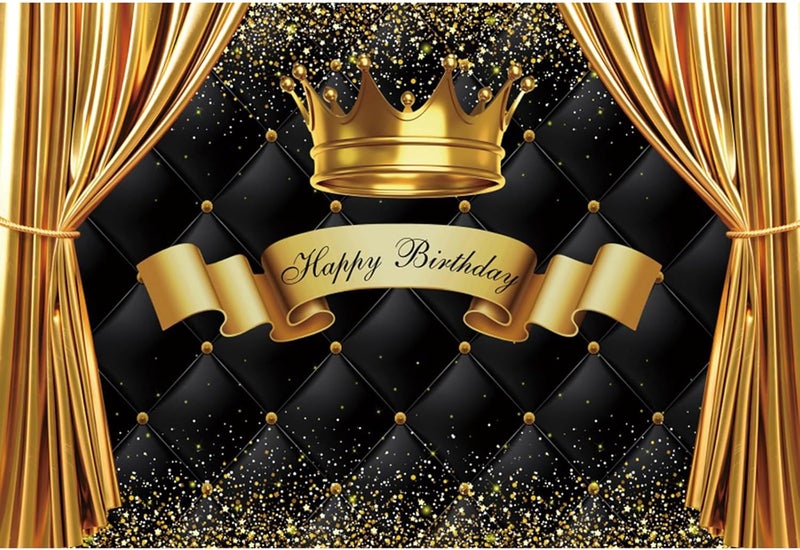 YongFoto Baby Kids Happy Birthday Backdrop 7x5ft Royal Gold Crown Curtain Black Headboard Background Birthday Party Banner Cake Table Decor Portraits Photoshoot Wallpaper Photo Studio Booth Props - Image 1