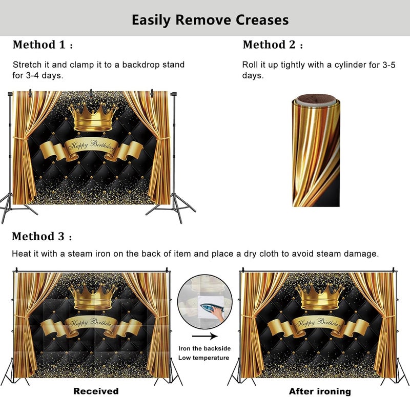 YongFoto Baby Kids Happy Birthday Backdrop 7x5ft Royal Gold Crown Curtain Black Headboard Background Birthday Party Banner Cake Table Decor Portraits Photoshoot Wallpaper Photo Studio Booth Props - Image 5