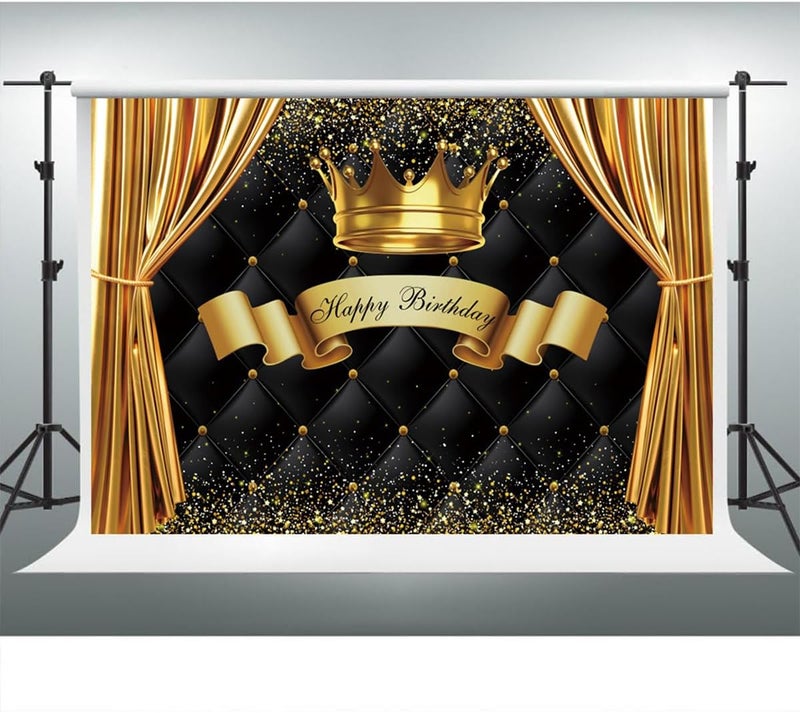 YongFoto Baby Kids Happy Birthday Backdrop 7x5ft Royal Gold Crown Curtain Black Headboard Background Birthday Party Banner Cake Table Decor Portraits Photoshoot Wallpaper Photo Studio Booth Props - Image 3