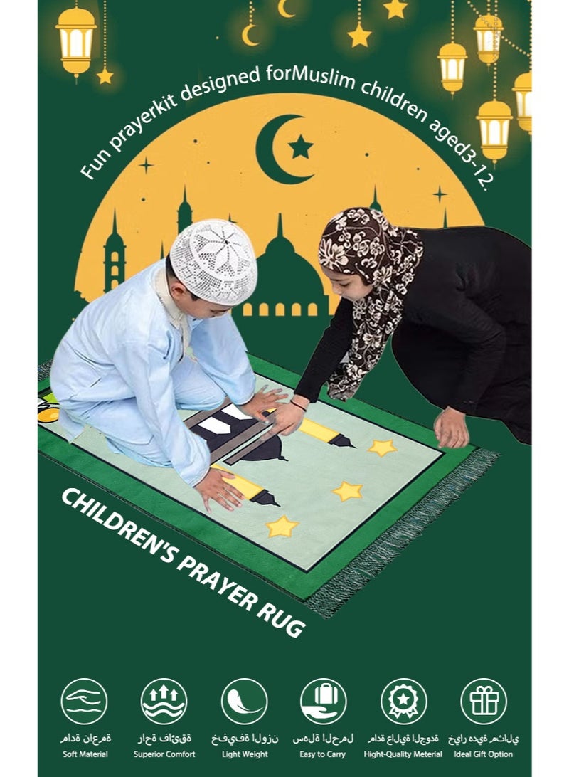 Sunnaltree 5PCS Prayer Carpet Mat Set for Kids, Foldable Muslim Prayer Rug With Rosary, Tasbeeh Counter and Other, Islamic Pattern, Soft Padded Islamic Prayer Mat, Muslim Gift for Ramadan, Eid, Hajj(Green) - Image 2
