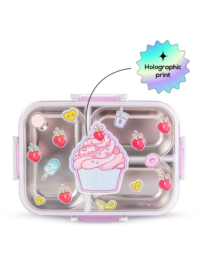 Eazy Kids Eazy Kids 3 Compartment 800ml Stainless Steel bento Lunch Box w/ Water Bottle - Cup Cake Purple  - Image 2