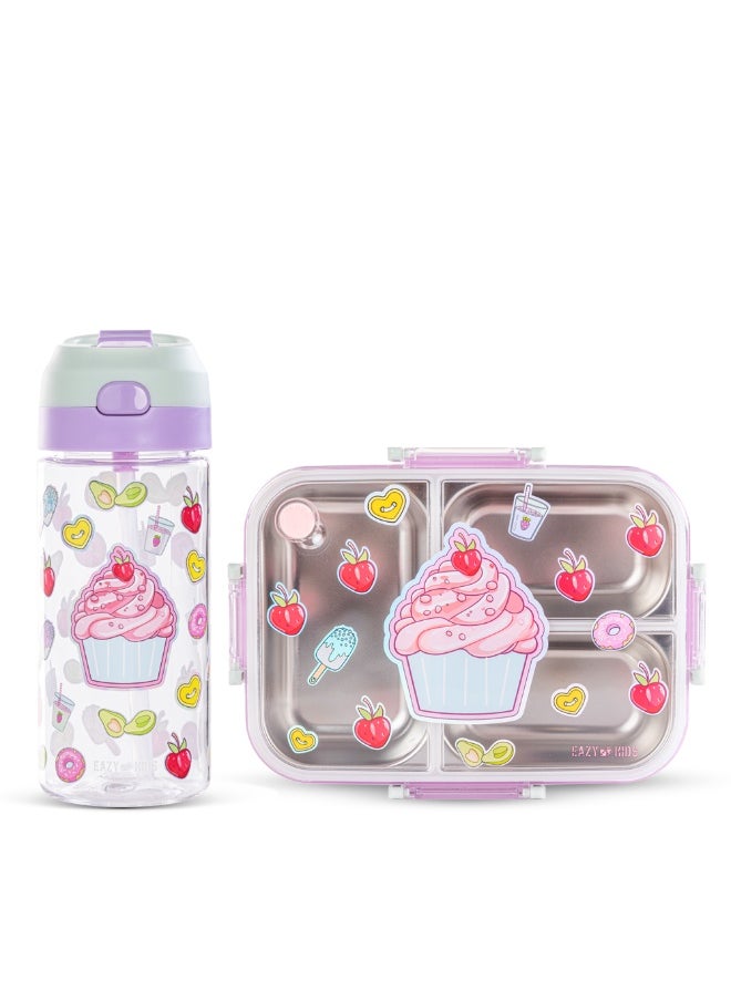 Eazy Kids Eazy Kids 3 Compartment 800ml Stainless Steel bento Lunch Box w/ Water Bottle - Cup Cake Purple  - Image 1