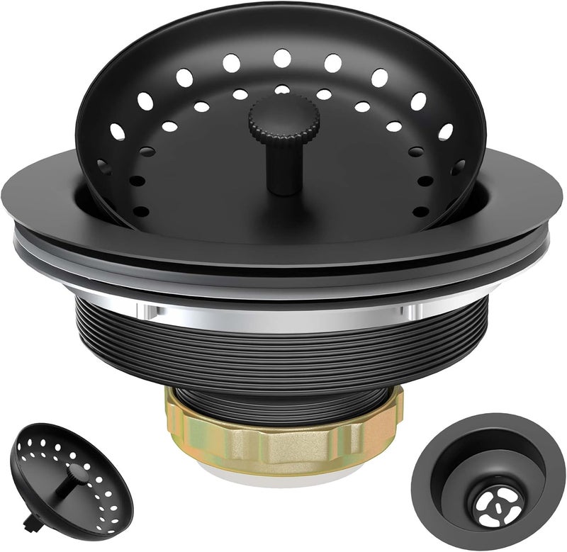 Exakey Black Sink Drain 3-1/2 Inch Matte Black Kitchen Sink Drain Strainer Assembly Kit with Strainer Basket and Drain Stopper for Standard Kitchen Sink Stainless Steel - Image 1