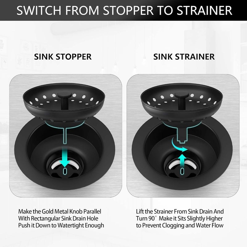Exakey Black Sink Drain 3-1/2 Inch Matte Black Kitchen Sink Drain Strainer Assembly Kit with Strainer Basket and Drain Stopper for Standard Kitchen Sink Stainless Steel - Image 4