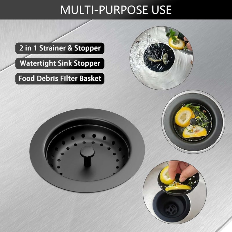Exakey Black Sink Drain 3-1/2 Inch Matte Black Kitchen Sink Drain Strainer Assembly Kit with Strainer Basket and Drain Stopper for Standard Kitchen Sink Stainless Steel - Image 2