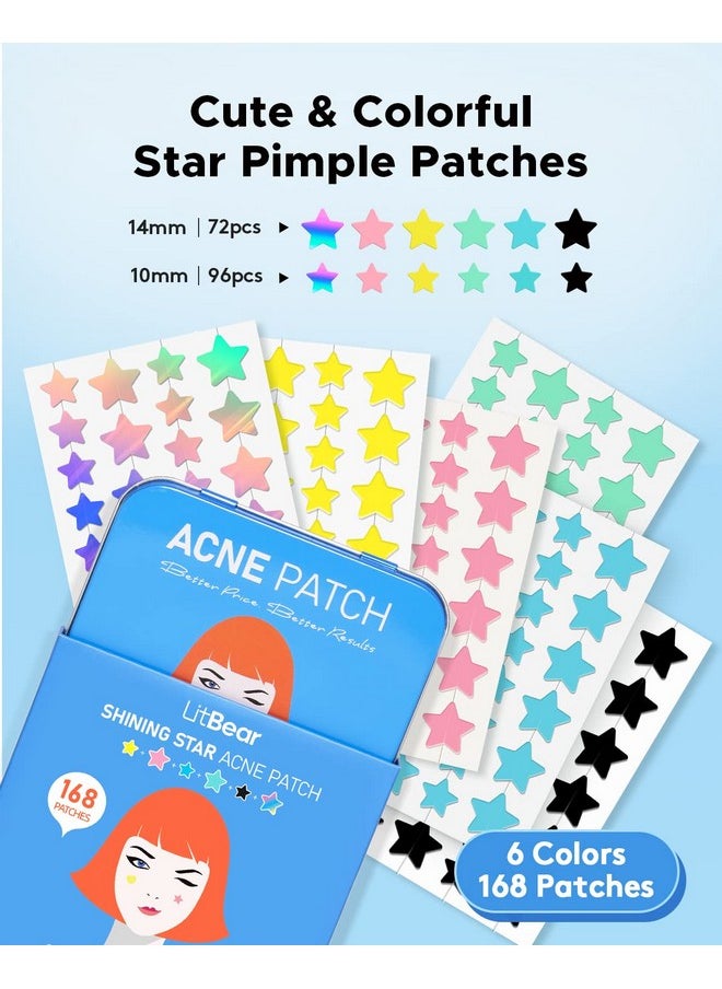 LitBear LitBear Acne Patch with Tea Tree & Centella Oil, 168 Hydrocolloid Dots in 6 Colors for Face - Cute Star Pimple Stickers  - Image 2