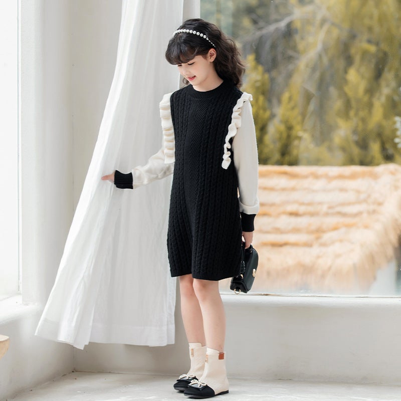 Childrens Knitted Skirt 2025 Autumn and Winter New Mid-length Korean Girls Sweater Dress Childrens Wear dress Black sweater dress