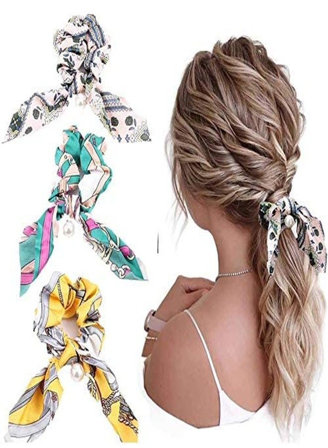 Minta Pearl Hair Scrunchies Hair Scarf Ribbon Bow Hairs Ties Vintage Printed Ponytails Holders for Women and Girls 3PCS - Image 2