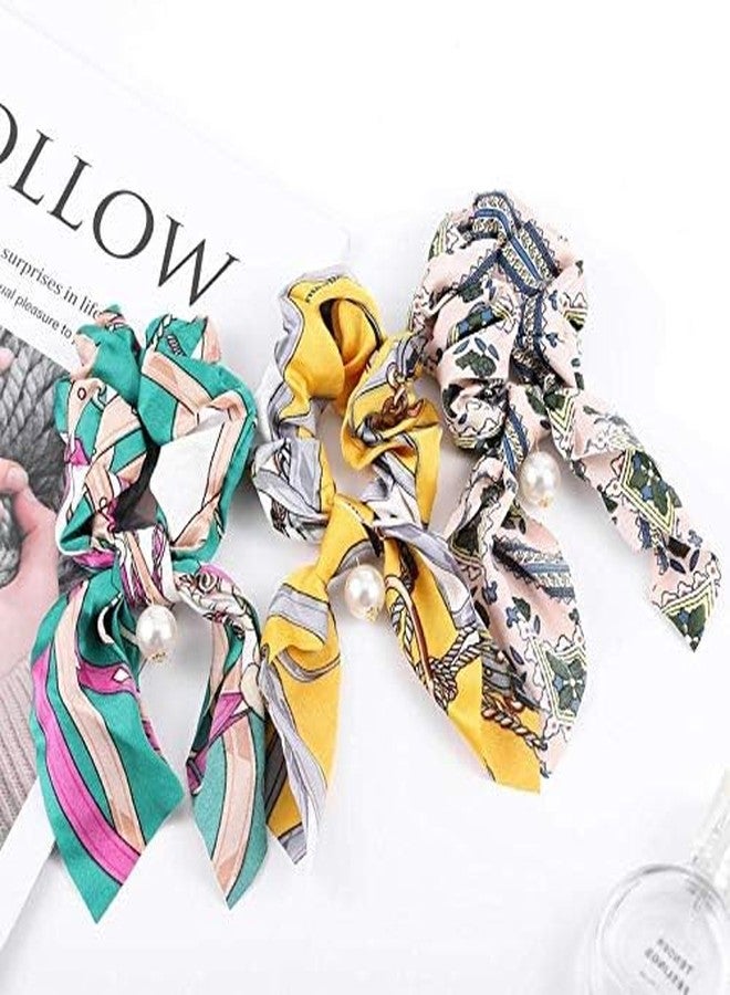 Minta Pearl Hair Scrunchies Hair Scarf Ribbon Bow Hairs Ties Vintage Printed Ponytails Holders for Women and Girls 3PCS - Image 3