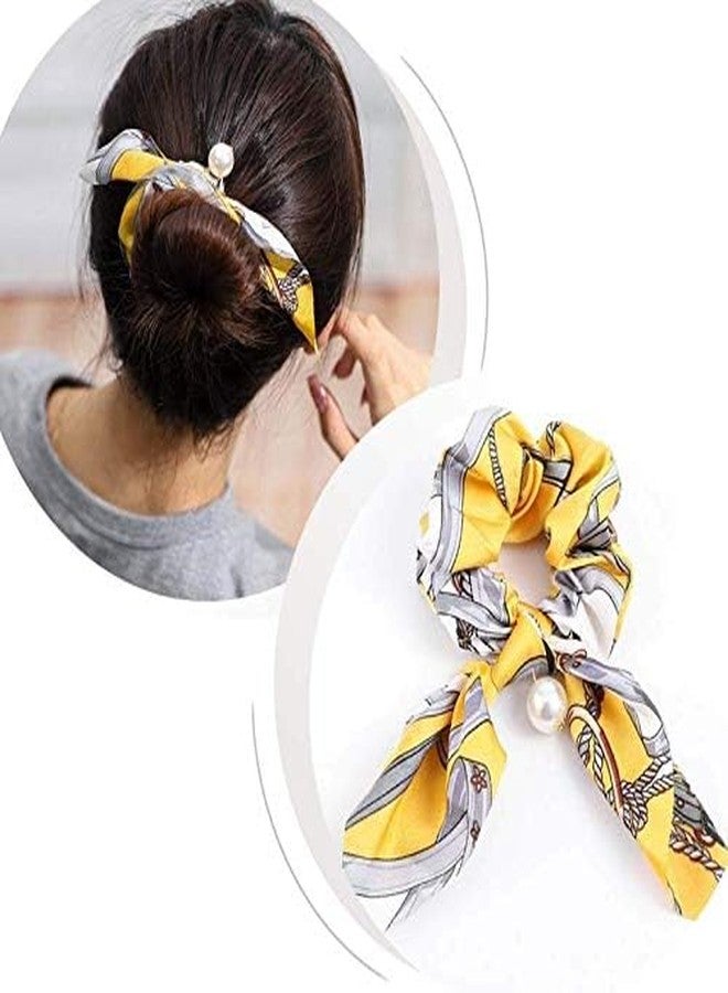 Minta Pearl Hair Scrunchies Hair Scarf Ribbon Bow Hairs Ties Vintage Printed Ponytails Holders for Women and Girls 3PCS - Image 4