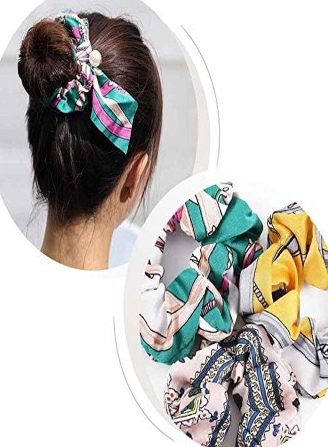 Minta Pearl Hair Scrunchies Hair Scarf Ribbon Bow Hairs Ties Vintage Printed Ponytails Holders for Women and Girls 3PCS - Image 5