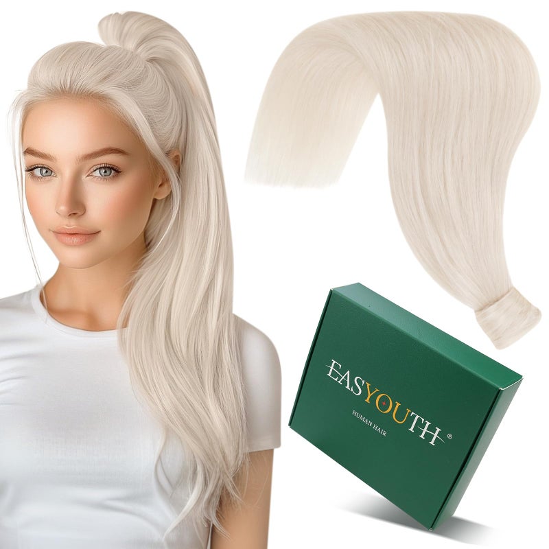 Easyouth Pony Tails Hair Extensions Blonde Hair Extensions Ponytail White Blonde 12 Inch Human Hair Ponytail Extension Natural Look 70g Wrap Around Ponytail Human Hair No Damage to Hair