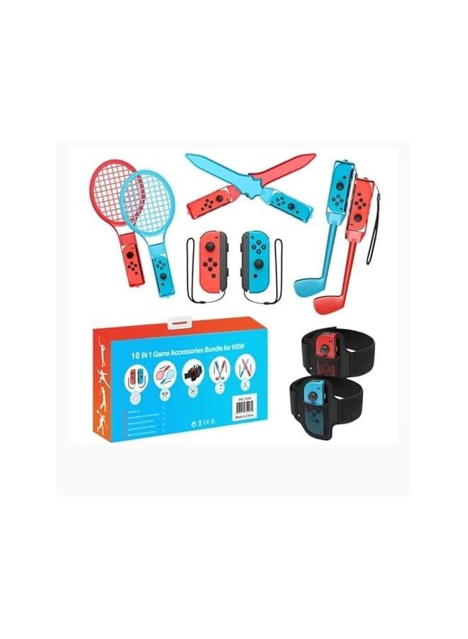 بروماس ملحقات الألعاب الرياضية 10 في 1 متوافقة مع وحدة تحكم Switch OLED Joy-con، وحزام اليد، وحزام الساق، ونوادي الجولف، والسيف، ومضارب كرة الريشة - Image 1